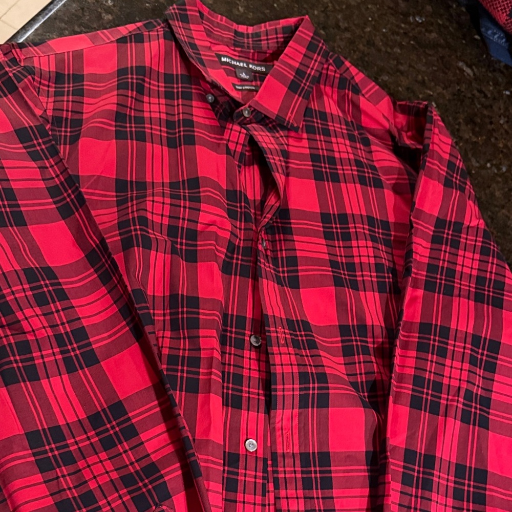 Michael Kors Red and Black Plaid Men's Shirt Size L